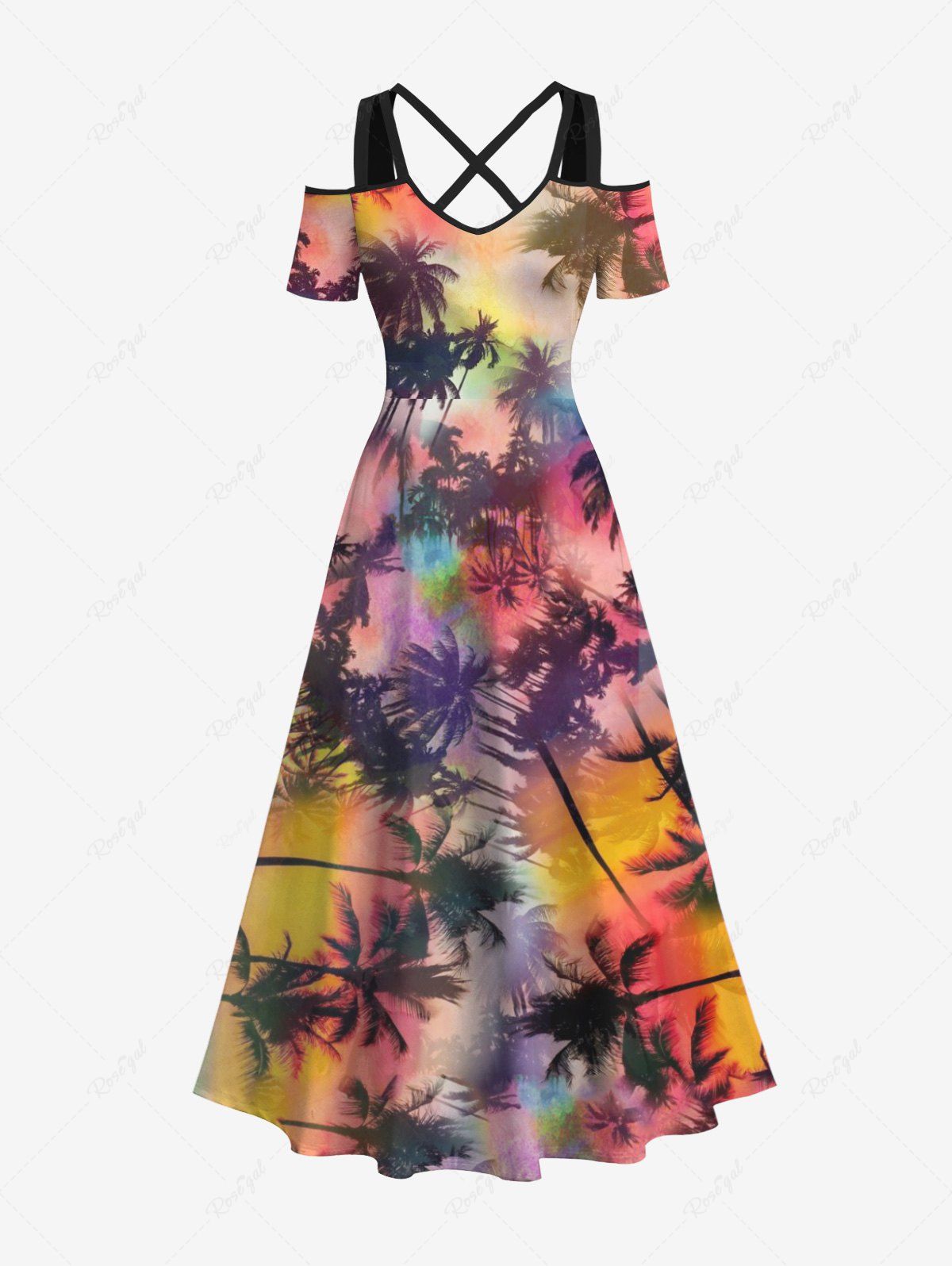Shop Plus Size Coconut Tree Ombre Printed Cold Shoulder Hawaii Dress  
