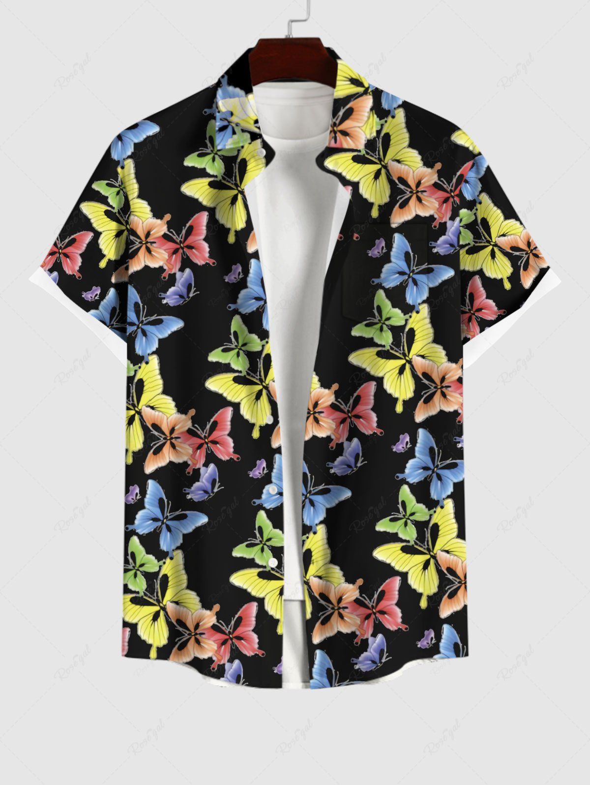 Fancy Plus Size Colorful Butterfly Print Buttons Pocket Hawaii Shirt For Men  