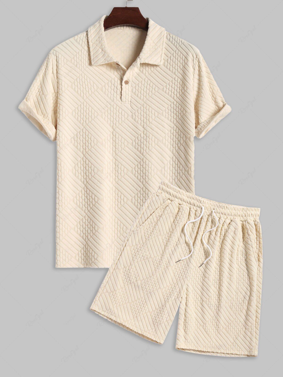 Unique Men's Matching Two Piece Co Ord Terry Cloth Toweling Jacquard Textured Polo Collar Half Buttoned Short Sleeves T-shirt and Shorts Set  