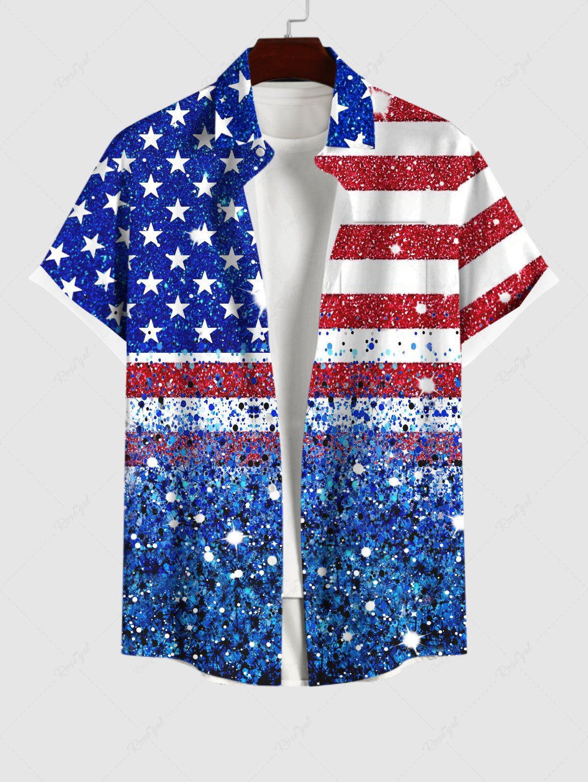 Cheap Plus Size Patriotic American Flag Sparkling Sequin 3D Print Buttons Pocket Shirt For Men  