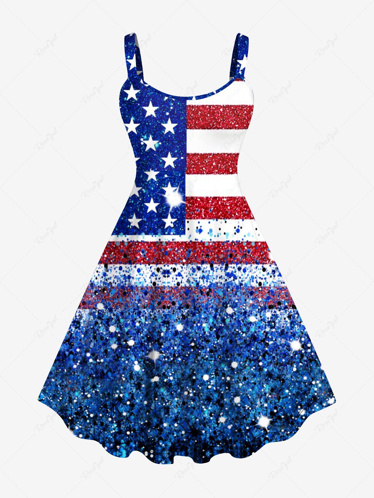 Fashion Plus Size Patriotic American Flag Sparkling Sequin 3D Print Tank Dress  