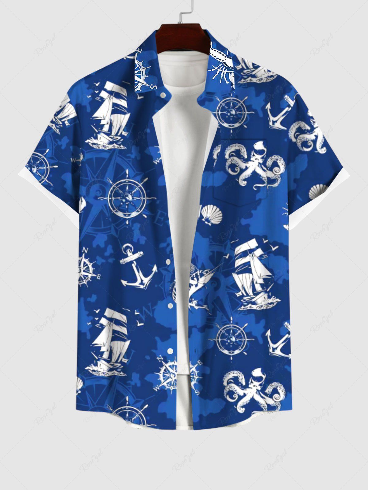 Trendy Plus Size Sailboat Compass Anchor Octopus Shell Lobster Colorblock Print Hawaii Button Pocket Shirt For Men  