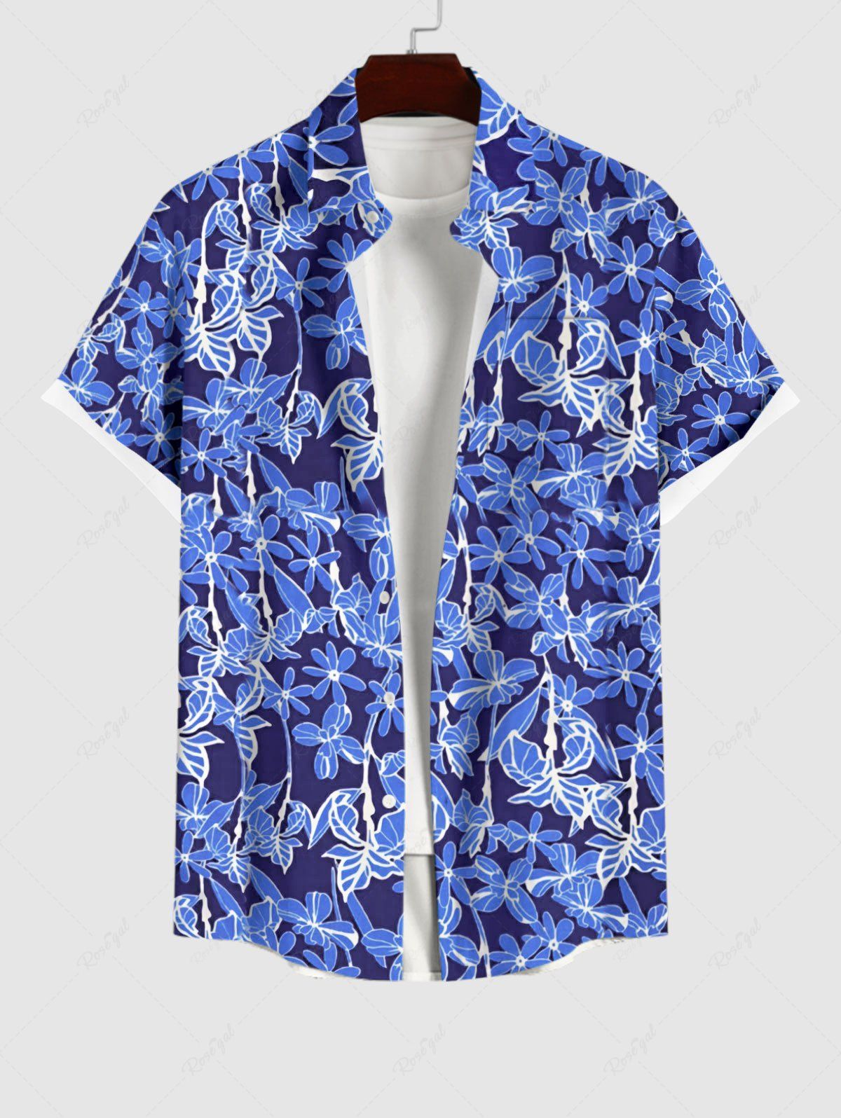 New Plus Size Flower Leaf Print Hawaii Button Pocket Shirt For Men  