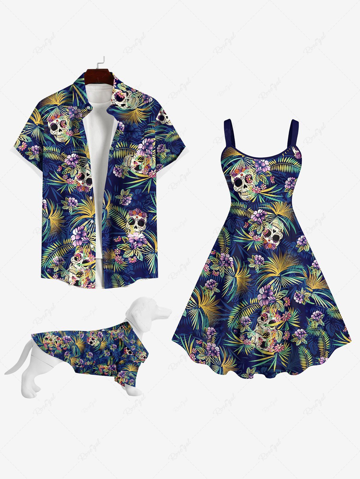 Fashion Skulls Coconut Tree Leaf Flower Print Hawaii Dog And Owner Matching Outfits  