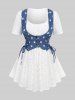 Star Print Lace-up Buttons Lace Trim Hollow Out 2 In 1 Top and Capri Leggings and Pet's Bandana Dog and Owner Matching Outfits -  
