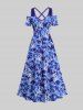 Cold Shoulder Flower Leaf Print Plus Size Matching Hawaii Beach Outfit For Couples -  