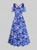 Cold Shoulder Flower Leaf Print Plus Size Matching Hawaii Beach Outfit For Couples -  