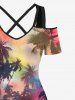 Plus Size Coconut Tree Ombre Printed Cold Shoulder Hawaii Dress -  