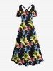 Plus Size Colorful Butterfly Print Crisscross Cold Shoulder Hawaii Dress -  