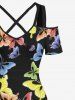 Plus Size Colorful Butterfly Print Crisscross Cold Shoulder Hawaii Dress -  