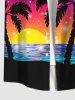 Plus Size Coconut Tree Sunset Ombre Colorblock Print Buttons Pocket Hawaii Shirt For Men -  