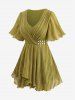Plus Size Jacquard Ruched Pearl Buckle Surplice Lettuce Hem Ruffles Ribbed Textured Blouse -  