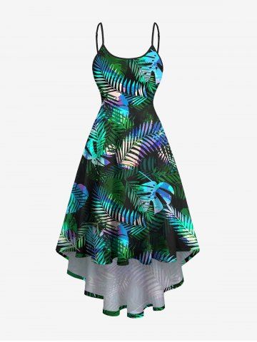 Plus Size Palm Leaf Print Hawaii High Low Cami Dress - BLACK - XS