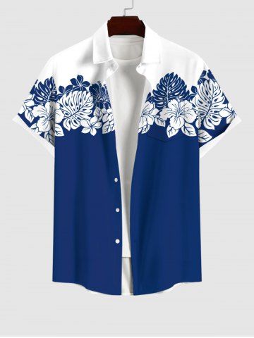 Plus Size Hibiscus Flower Palm Leaf Colorblock Print Buttons Pocket Hawaii Shirt For Men - BLUE - L