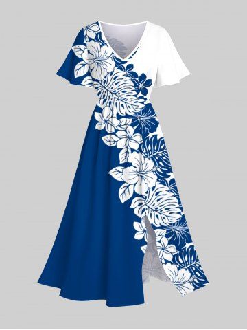 Plus Size Hibiscus Flower Palm Leaf Two Tone Colorblock Print Hawaii Split Dress - BLUE - S