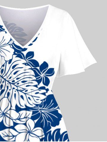 Plus Size Hibiscus Flower Palm Leaf Two Tone Colorblock Print Hawaii Split Dress