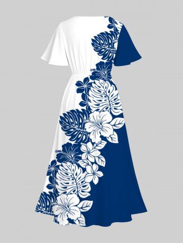 Plus Size Hibiscus Flower Palm Leaf Two Tone Colorblock Print Hawaii Split Dress