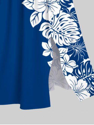 Plus Size Hibiscus Flower Palm Leaf Two Tone Colorblock Print Hawaii Split Dress