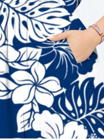 Plus Size Hibiscus Flower Palm Leaf Two Tone Colorblock Print Hawaii Split Dress