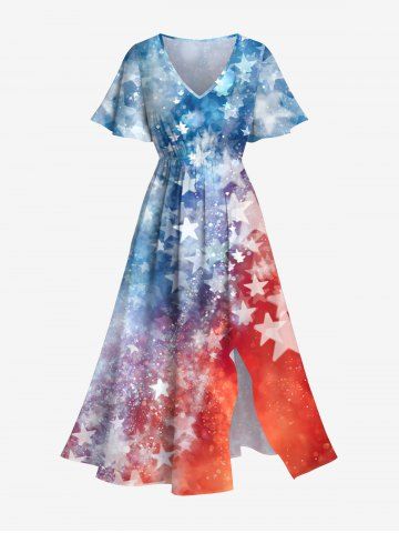 Plus Size Patriotic American Flag Tie Dye Galaxy Print Split Dress - MULTI-A - XS