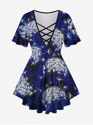 Plus Size Dandelion Butterfly Galaxy Print Lattice Crisscross Flare Sleeves T-shirt - BLUE - XS