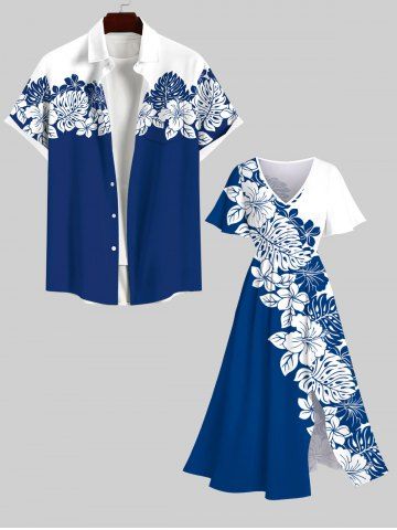 Hibiscus Flower Palm Leaf Two Tone Colorblock Print Plus Size Matching Hawaii Beach Outfit For Couples - BLUE