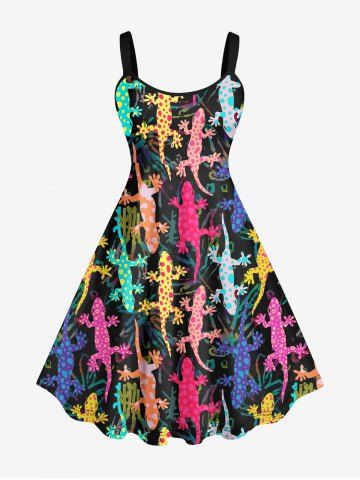 Plus Size Colorful Gecko Spotted Print Hawaii Ombre Backless A Line Tank Dress - BLACK - S