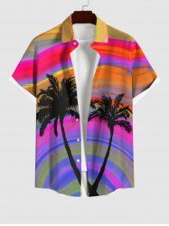 Plus Size Coconut Tree Ombre Sky Colorblock Rainbow Print Hawaii Button Pocket Shirt For Men -  