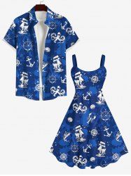 Sailboat Compass Anchor Octopus Cruise Print Plus Size Matching Beach Dress Shirt Outfit For Couples -  