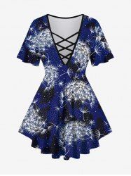Plus Size Dandelion Butterfly Galaxy Print Lattice Crisscross Flare Sleeves T-shirt -  