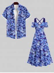 Cold Shoulder Flower Leaf Print Plus Size Matching Hawaii Beach Outfit For Couples -  