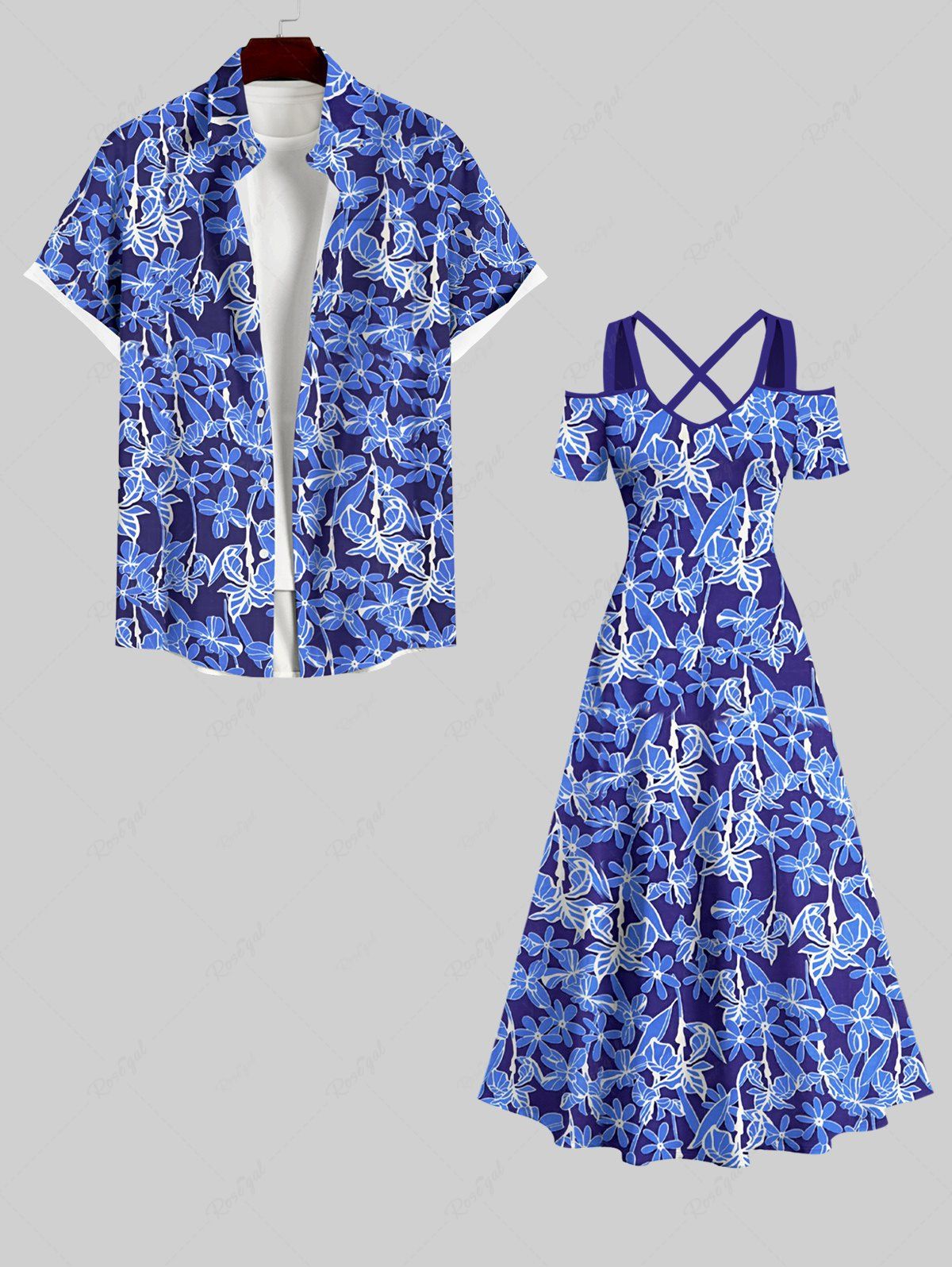 Fancy Cold Shoulder Flower Leaf Print Plus Size Matching Hawaii Beach Outfit For Couples  