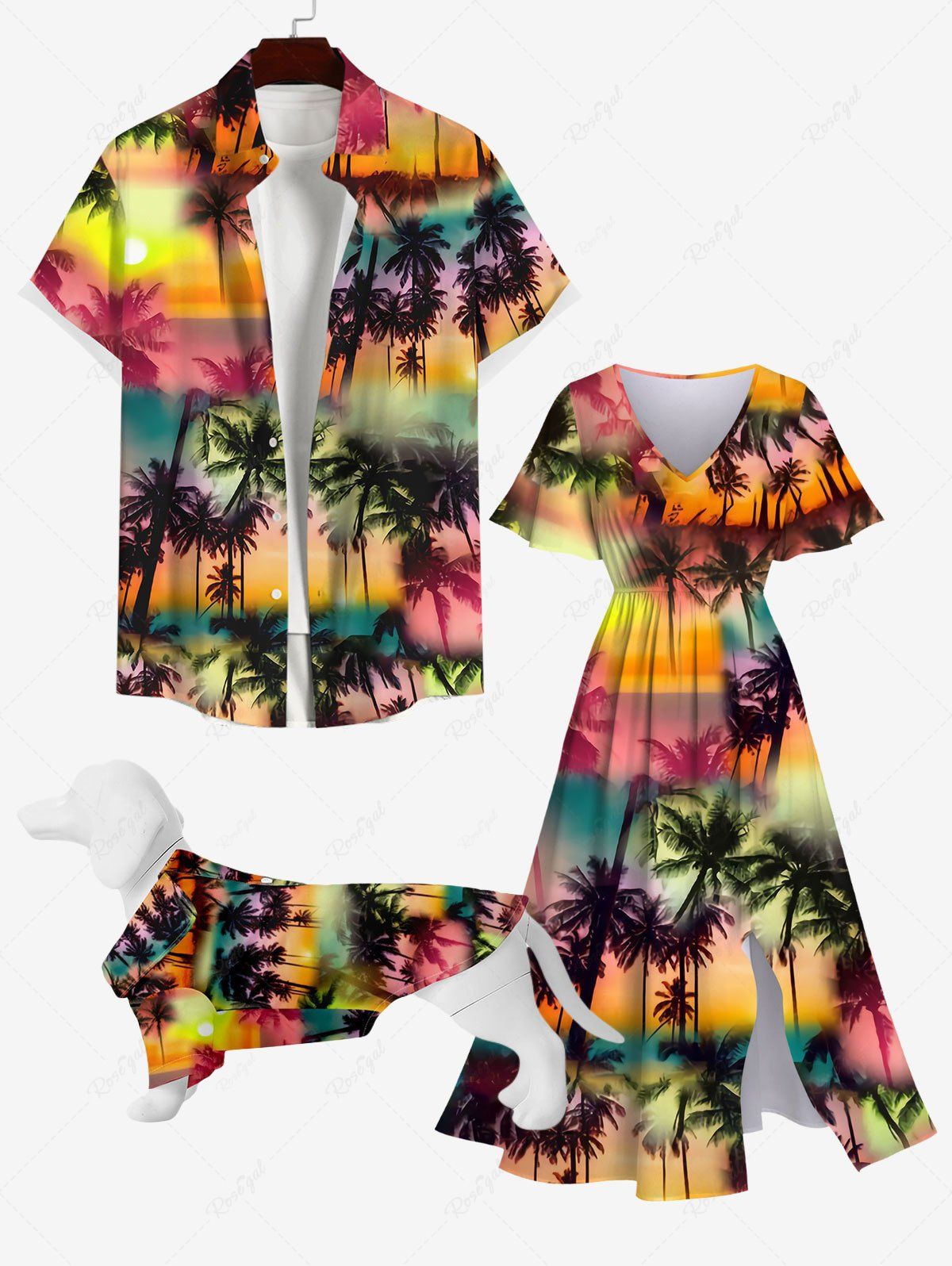 Trendy Ombre Galaxy Sun Coconut Tree Print Hawaii Dog and Owner Matching Outfits  