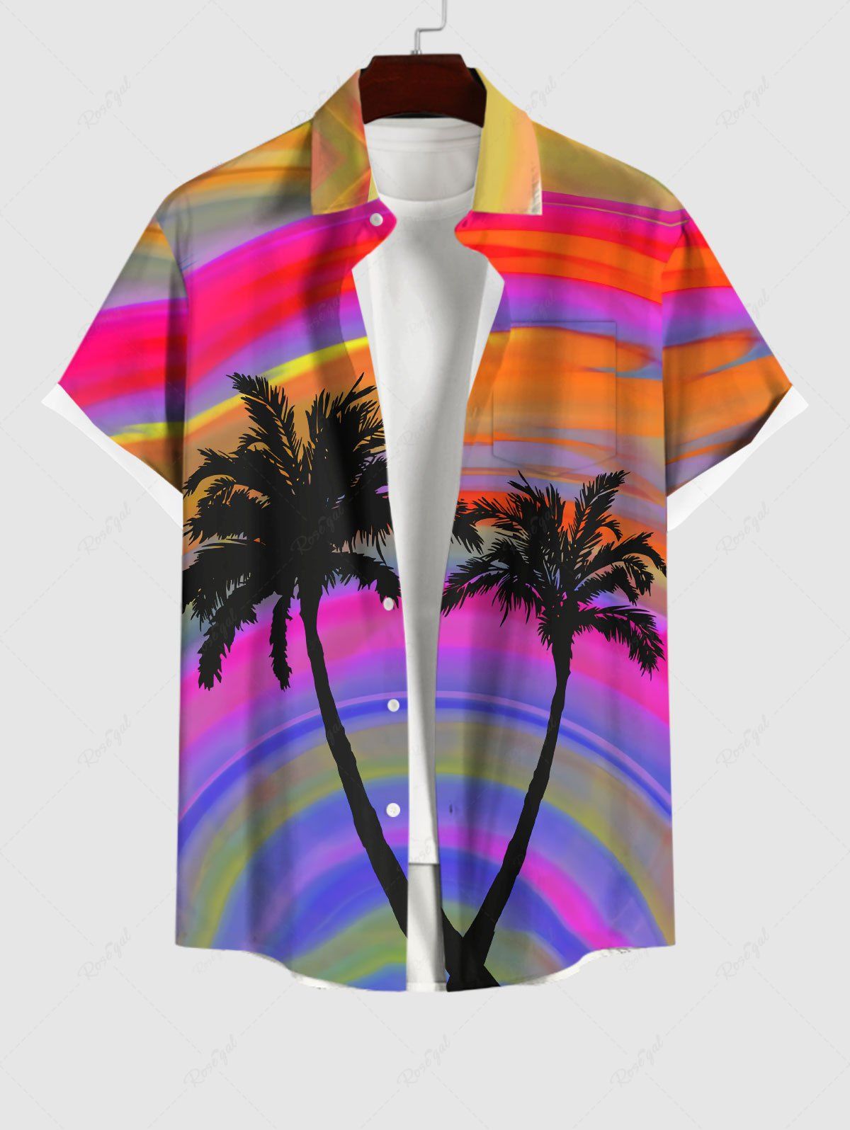 Affordable Plus Size Coconut Tree Ombre Sky Colorblock Rainbow Print Hawaii Button Pocket Shirt For Men  
