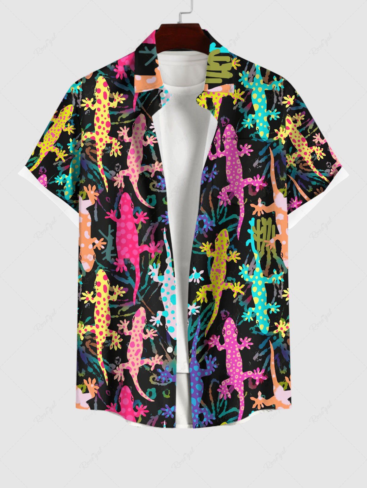 Hot Plus Size Colorful Gecko Spotted Print Hawaii Ombre Button Pocket Shirt For Men  