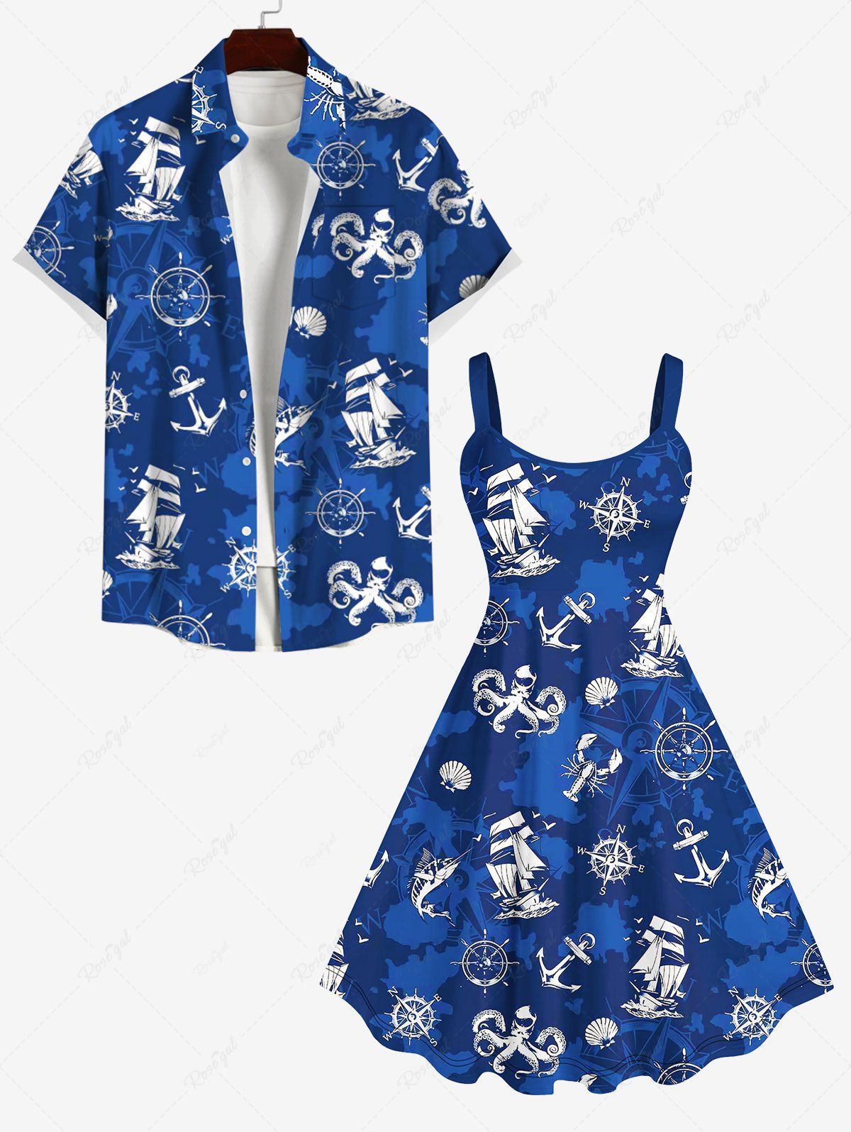 Fashion Sailboat Compass Anchor Octopus Cruise Print Plus Size Matching Beach Dress Shirt Outfit For Couples  
