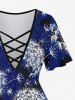 Ensemble de T-shirt Croisé Papillon et Pissenlit Imprimés en Treillis de Grande Taille - Bleu 
