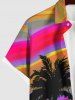 Plus Size Coconut Tree Ombre Sky Colorblock Rainbow Print Hawaii Button Pocket Shirt For Men -  