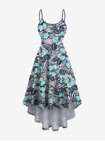 Plus Size Striped Flower Print Hawaii High Low Asymmetric A Line Cami Dress - MULTI-A - XS