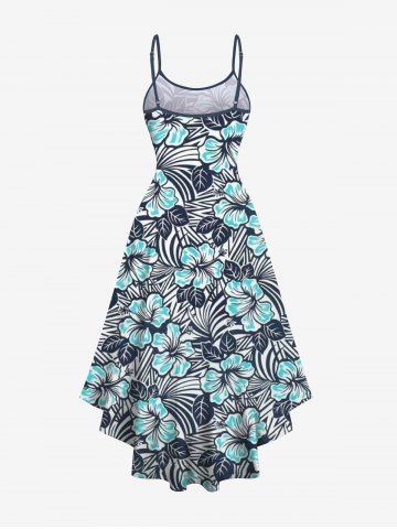 Plus Size Striped Flower Print Hawaii High Low Asymmetric A Line Cami Dress