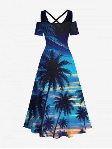 Plus Size Cold Shoulder Coconut Tree Ombre Sky Print Hawaii Crisscross A Line Dress