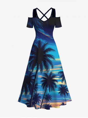 Plus Size Cold Shoulder Coconut Tree Ombre Sky Print Hawaii Crisscross A Line Dress