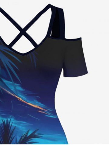 Plus Size Cold Shoulder Coconut Tree Ombre Sky Print Hawaii Crisscross A Line Dress