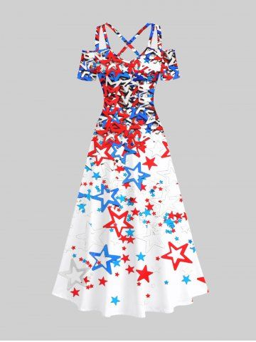 Plus Size Cold Shoulder Colorful Stars Patriotic American Flag Print Crisscross A Line Dress - MULTI-A - S