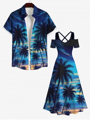 Cold Shoulder Coconut Tree Ombre Sky Print Plus Size Matching Hawaii Beach Outfit For Couples - BLACK