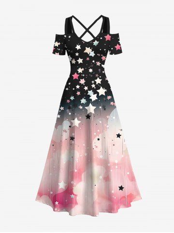 Plus Size Cold Shoulder Colorful Stars Ombre Cloud Print Crisscross A Line Dress