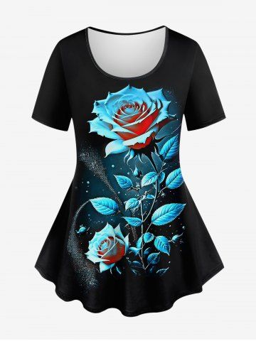 Plus Size Glitter Light Beam Rose Flower Print T-shirt - BLACK - S