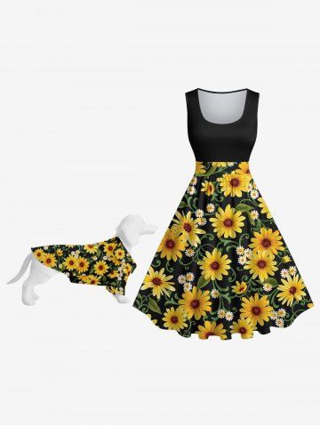 Sunflower Daisy Leaf Print Dog And Owner Matching Outfits - BLACK