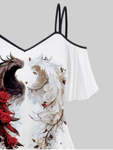 Plus Size Cold Shoulder Rose Flower Feather Wings Heart Print Cami T-shirt