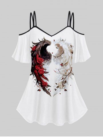 T-shirt à Bretelle Cœur Plume et Rose Imprimés à Epaule Dénudée de Grande Taille - WHITE - 4X